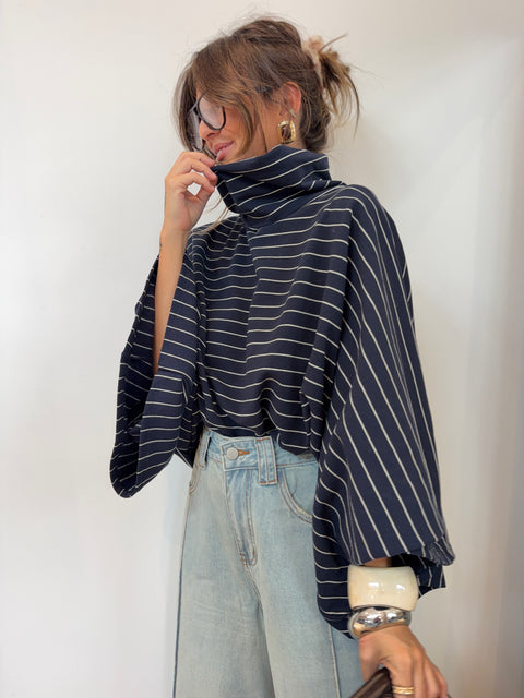 Sweat col montant  - bleu marine & blanc