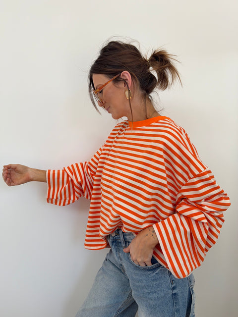 T-shirt rayé manches longues - orange