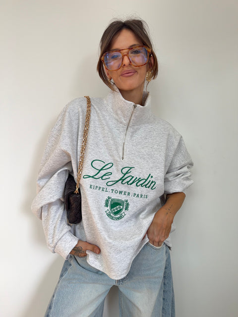Sweat à zip col montant - gris chiné