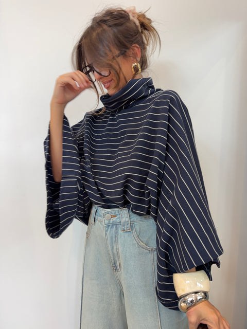 Sweat col montant  - bleu marine & blanc