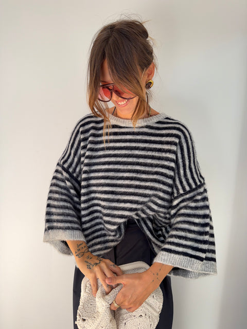 Pull manches 3/4 rayé - bleu marine