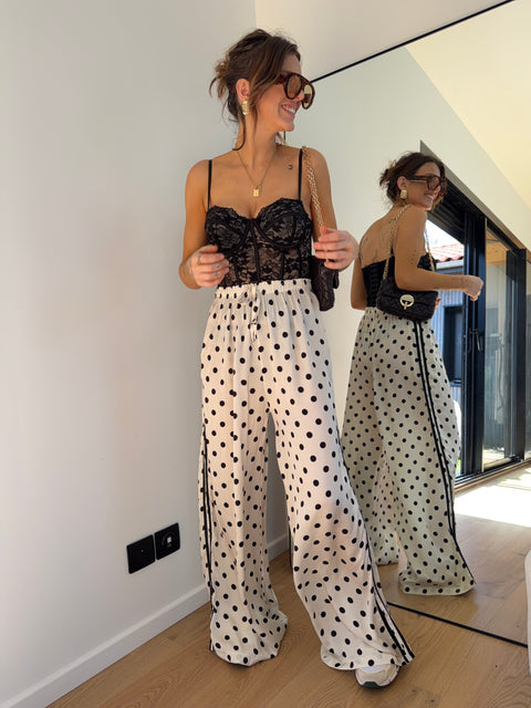 Pantalon en soie fluide à pois - beige