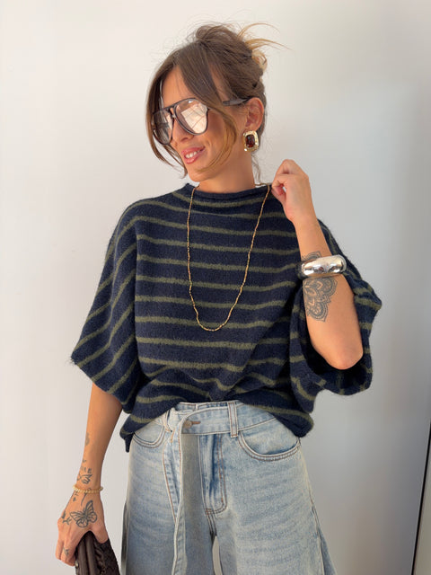 Pull Paris rayé - kaki & bleu marine