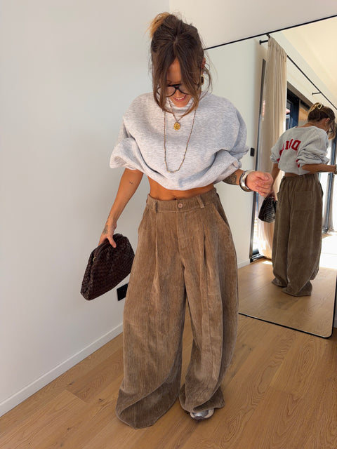 Pantalon large effet velours - taupe