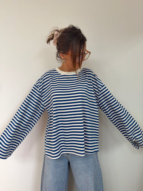 T-shirt manches longues rayé - bleu royale