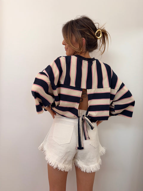 T-shirt rayé avec noeud - bleu et rose