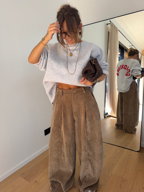 Pantalon large effet velours - taupe