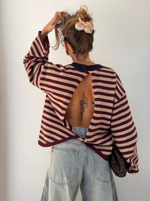 Pull dos nu rayé - chocolat & rose poudré