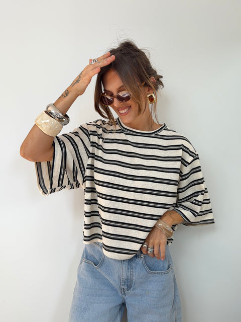T-shirt à rayures - beige et noir