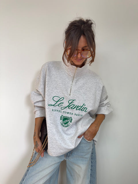 Sweat à zip col montant - gris chiné