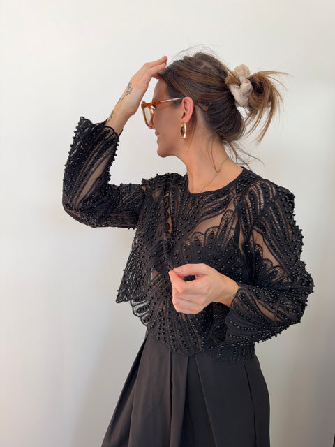 Haut dentelle et perles - noir