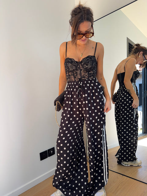 Pantalon en soie fluide à pois - noir