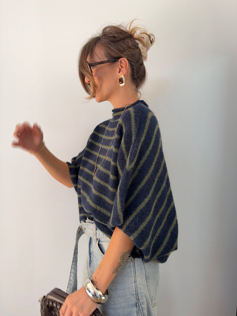 Pull Paris rayé - kaki & bleu marine
