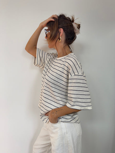 T-shirt à rayures - beige et bleu
