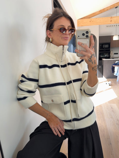 Veste marinière à zip - beige et marine