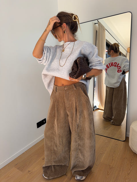 Pantalon large effet velours - taupe