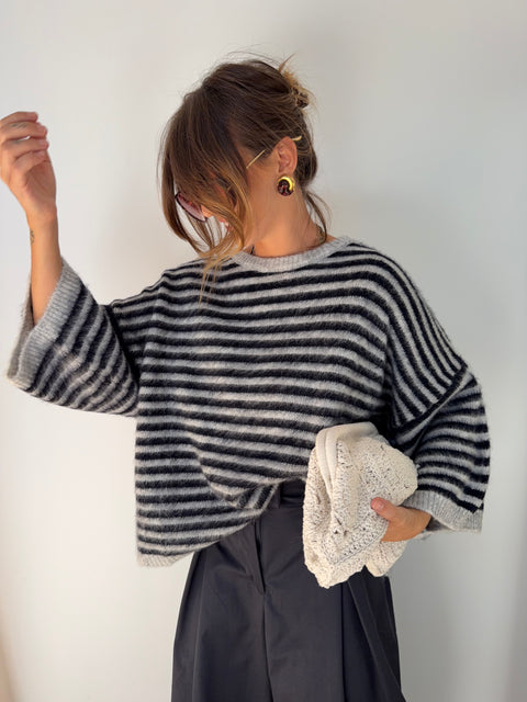 Pull manches 3/4 rayé - bleu marine
