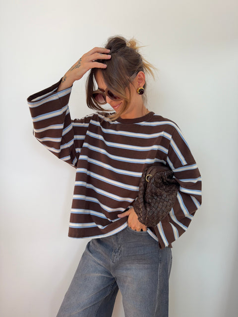 T-shirt manches longue avec noeud rayé - chocolat