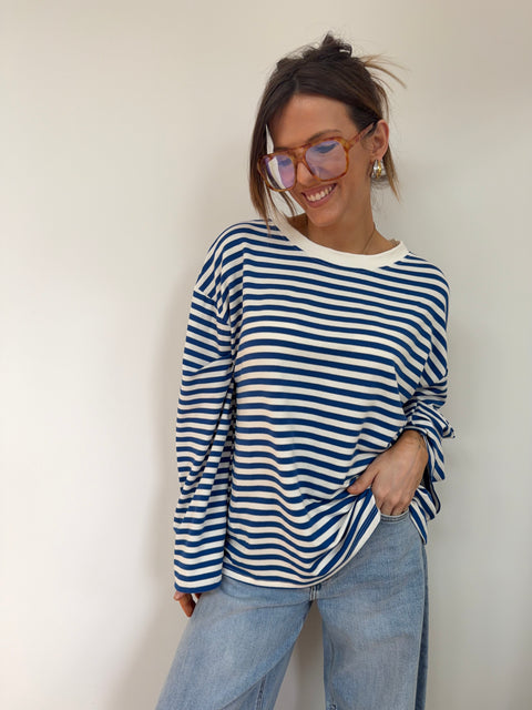 T-shirt manches longues rayé - bleu royale