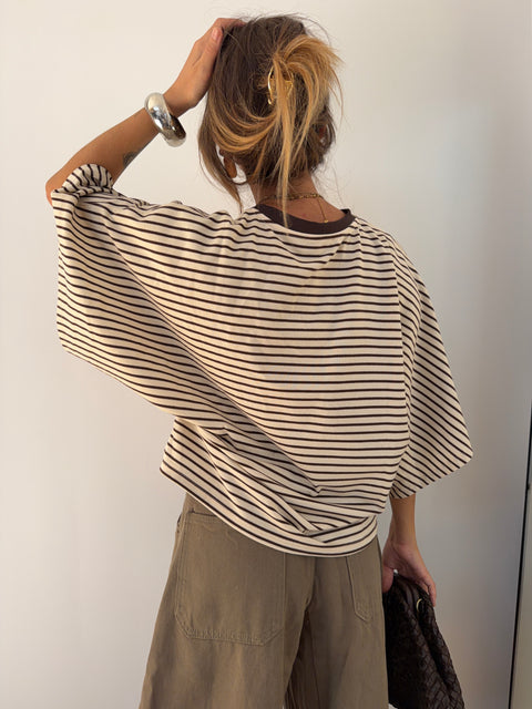 T-shirt rayé manches évasé - marron