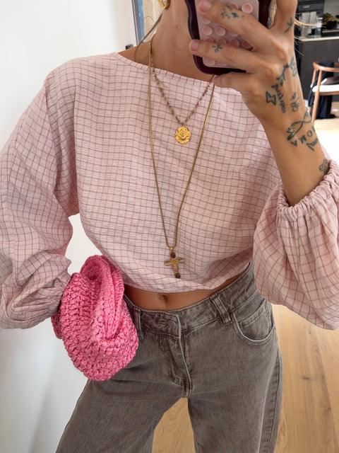 Top dos nu à carreaux - rose