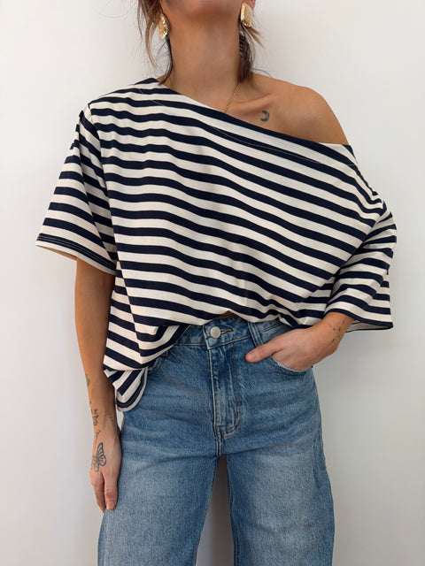 T-shirt à rayures asymétrique - bleu