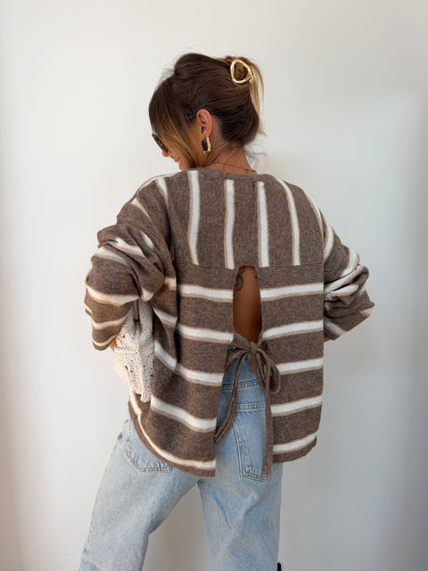 Pull rayé avec noeud - beige