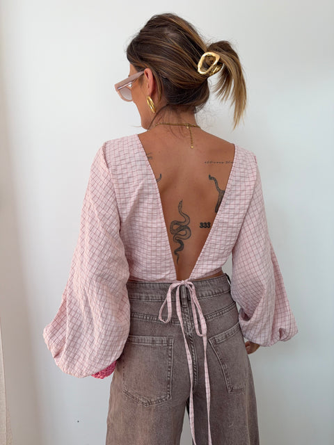 Top dos nu à carreaux - rose