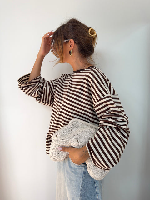 T-shirt manches longues rayé - chocolat et beige