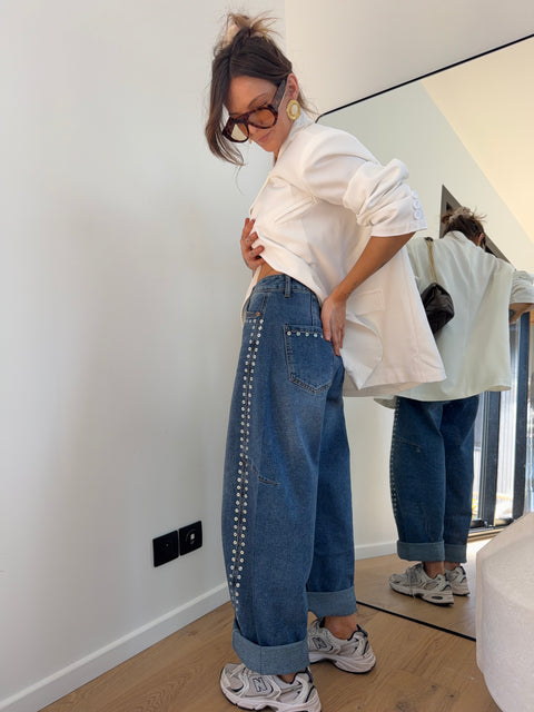 Jeans baggy à oeillets - bleu