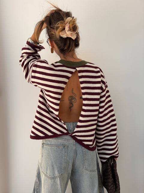 Pull dos nu rayé - blanc & bordeaux