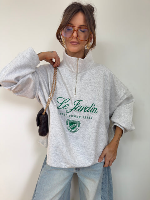 Sweat à zip col montant - gris chiné