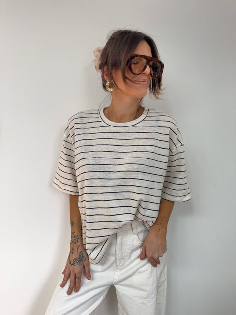 T-shirt à rayures - beige et bleu
