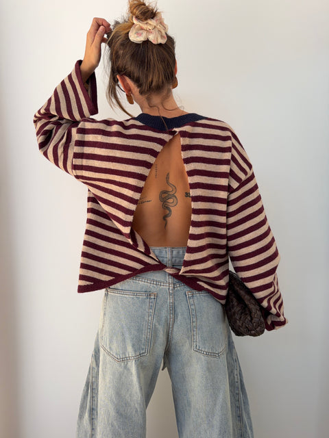 Pull dos nu rayé - chocolat & rose poudré
