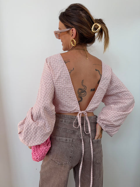Top dos nu à carreaux - rose