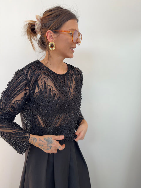Haut dentelle et perles - noir