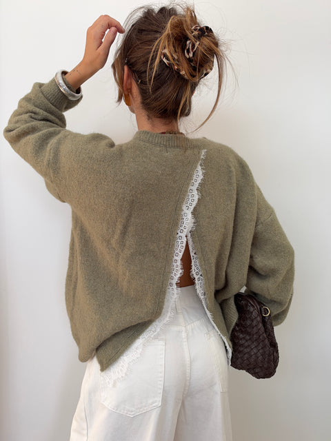 Pull dos nu dentelle - olive