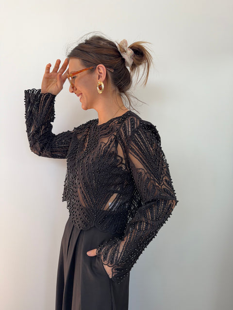 Haut dentelle et perles - noir