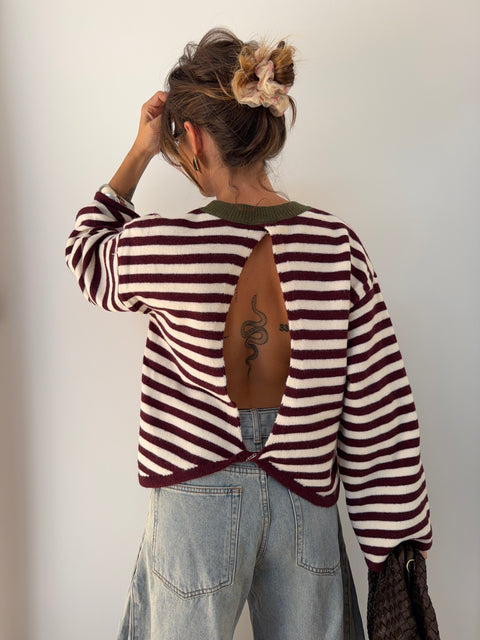Pull dos nu rayé - blanc & bordeaux