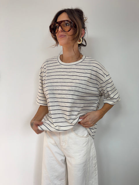 T-shirt à rayures - beige et bleu
