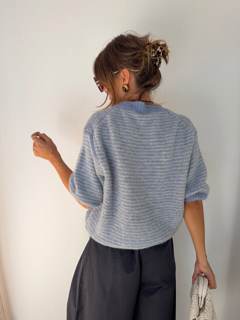 Pull manches 3/4 rayé - bleu clair