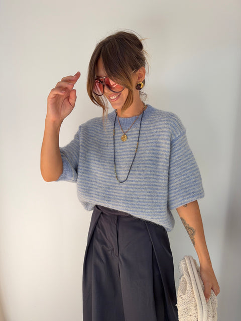 Pull manches 3/4 rayé - bleu clair