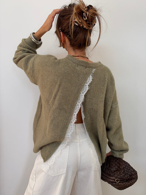 Pull dos nu dentelle - olive