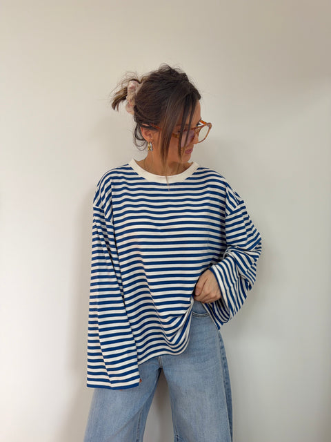 T-shirt manches longues rayé - bleu royale
