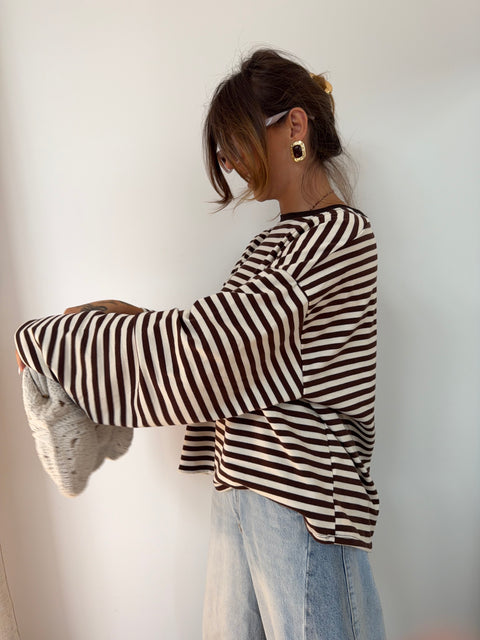T-shirt manches longues rayé - chocolat et beige