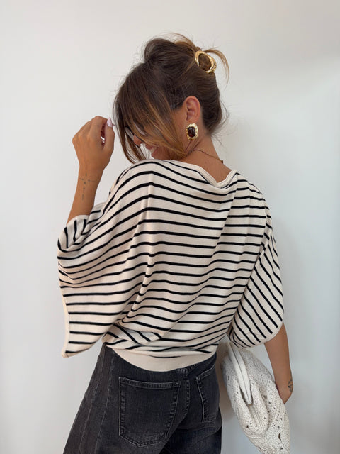 Pull léger rayé manches papillon - beige et noir