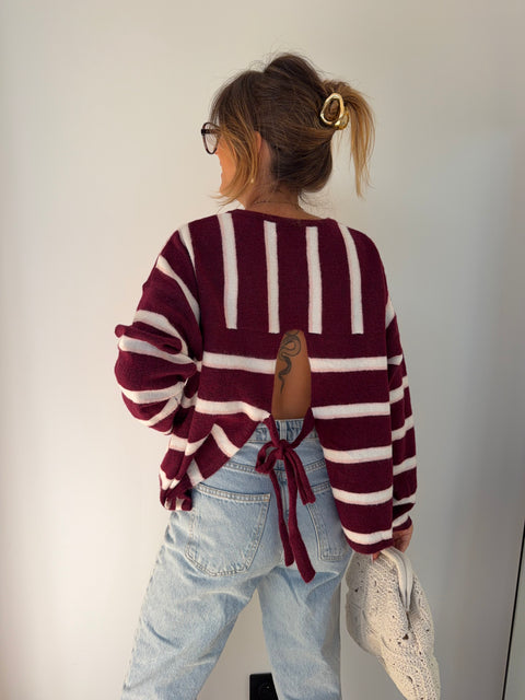 Pull rayé avec noeud - bordeaux