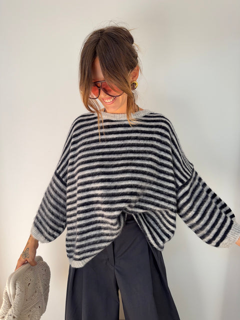 Pull manches 3/4 rayé - bleu marine