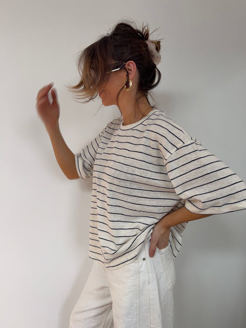T-shirt à rayures - beige et bleu