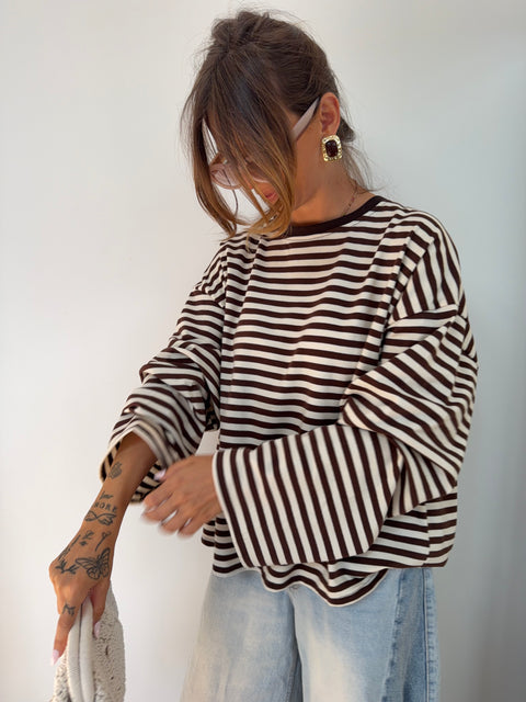 T-shirt manches longues rayé - chocolat et beige
